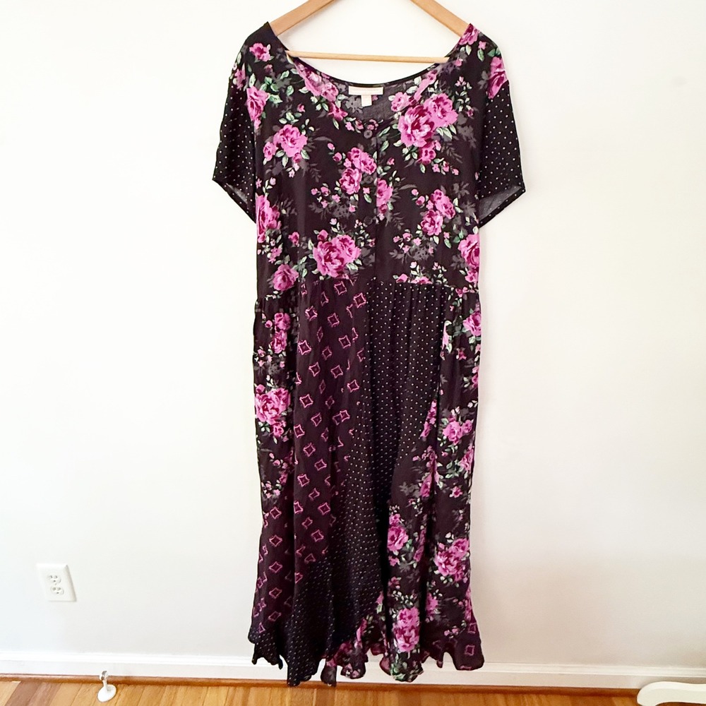 Woman Within Maxi Dress 20W Black Floral Patchwork Dark Cottagecore Boho Goth